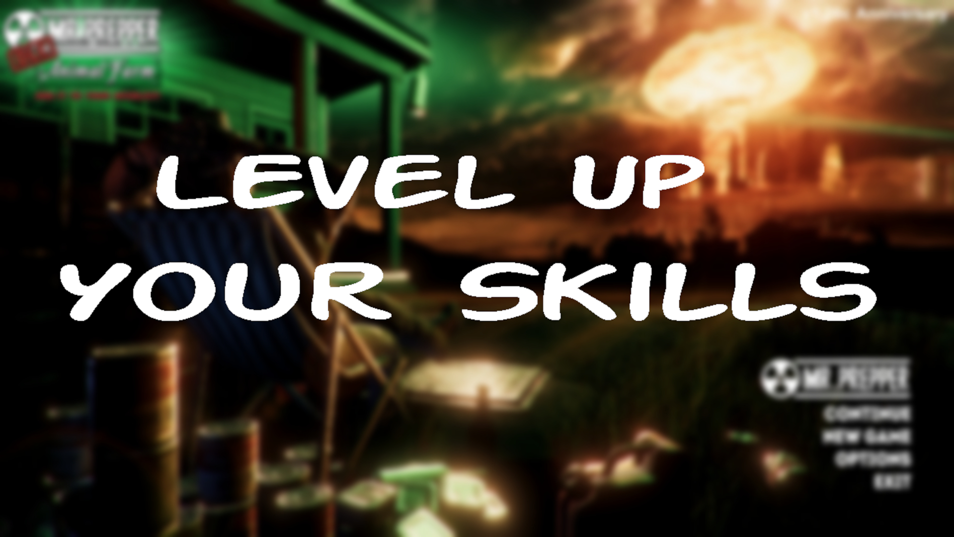 Games for Learning Skills and Prepping banner of a man sitting in a chair with cans of food behind him with a nuclear explosion in the background.